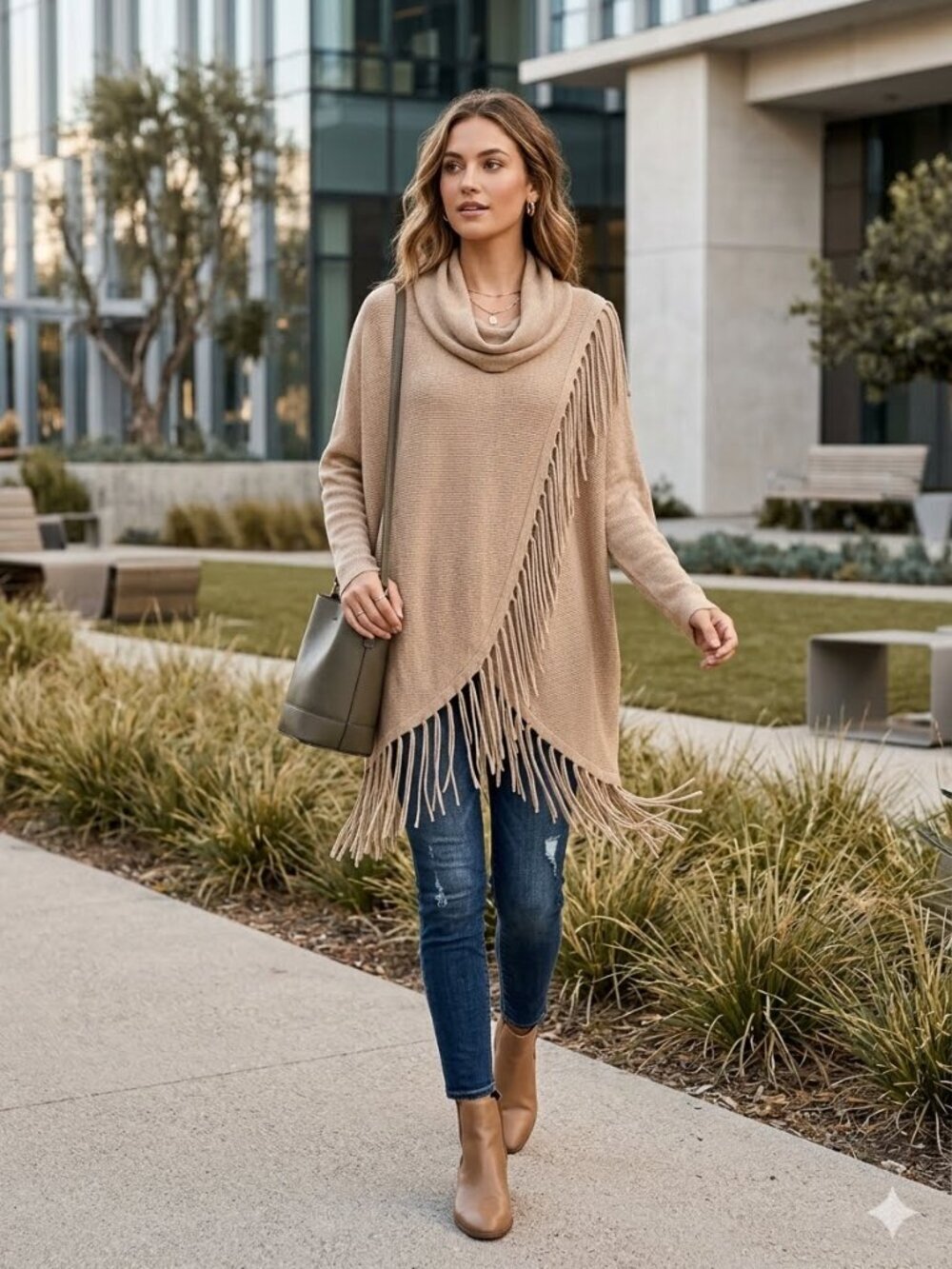 Kate & Mallory Med Cowl Neck Faux Wrap Oversized Fringe Relaxed Sweater Poncho